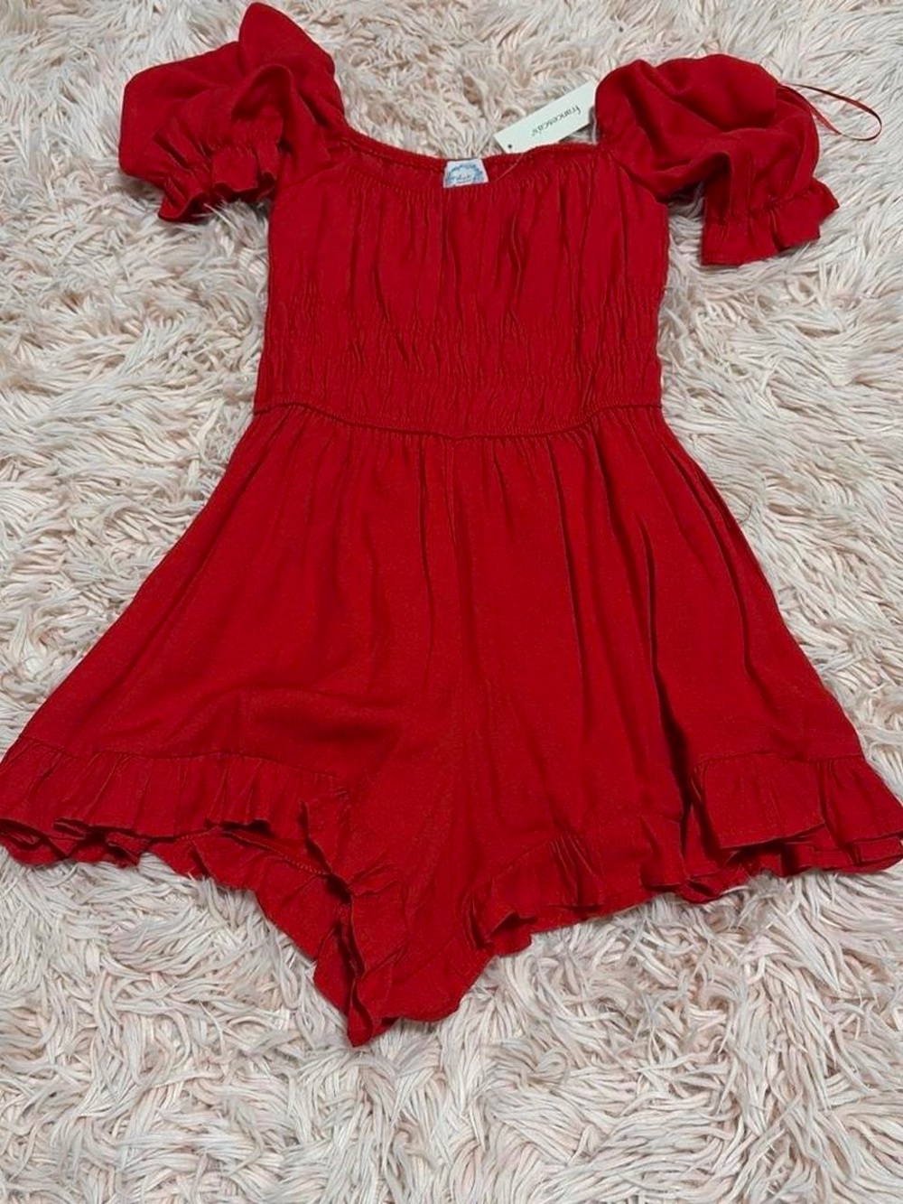 Francesca's Collections Red Smocked Puff-Sleeve Romper